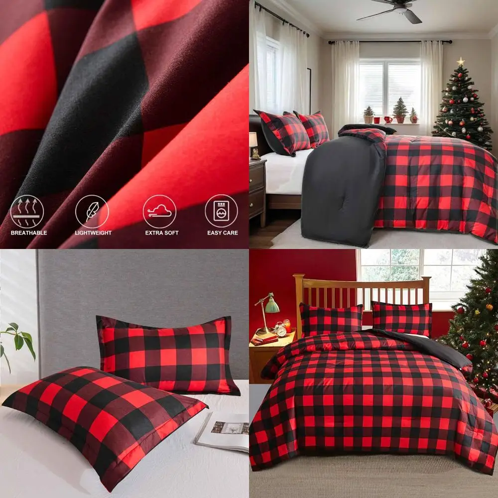 

Reversible Microfiber Duvet Cover Set - Red & Black Buffalo Check Plaid, 3-Piece Modern Bedding for Christmas & New Year, 90x90