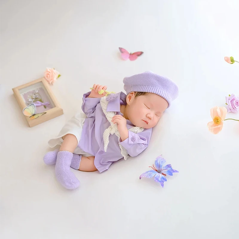 Puntelli per fotografia neonato Berretto lavorato a maglia stile signorile + Top + Pantaloncini Fiore artificiale Farfalla Puntelli Abiti fotografici per studio infantile