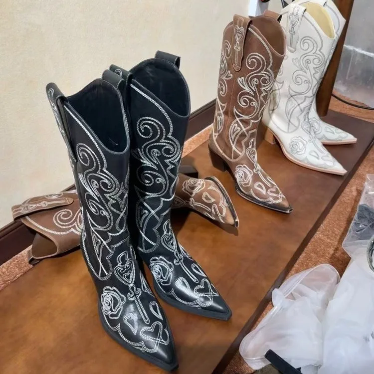 

Western Cowboy Boots Women Pointed Toe Embroidery Mid Calf Boots Vintage Knight Boots Streetwear Cowgirl Footwear Black Brown