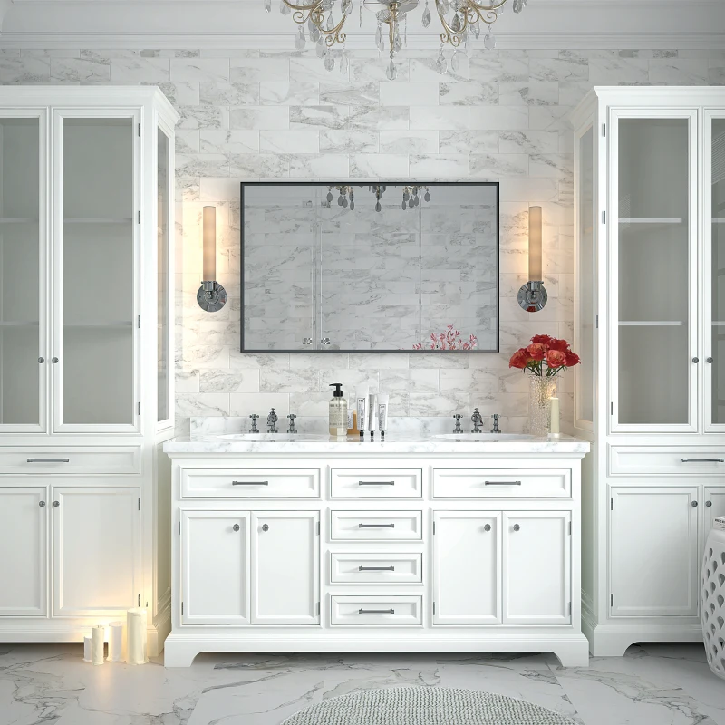 40x30inch Glossy Black Bathroom Mirrors For Wall  Corner Hangs Farmhouse Mirror Modern Metal Framed Rectangular Mirror