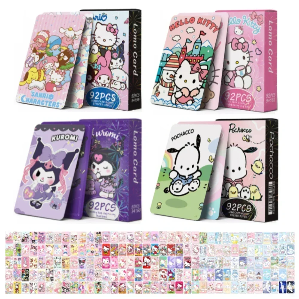 New Hello Kitty 92PCS Anime Cards Melody Anime Peripheral LOMO Card Sticker Set Kuromi HD Color Printing Deck Box Kids Toys Gift