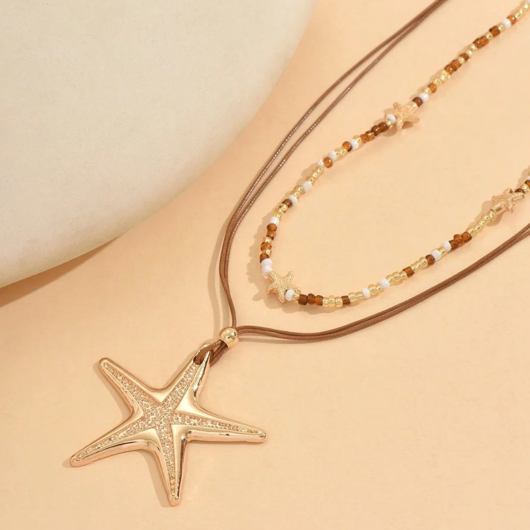 Retro White Starfish Pendant Collarbone Necklace Women's Simple Sweet Bead String Chain Girls Fashion Beach Jewelry