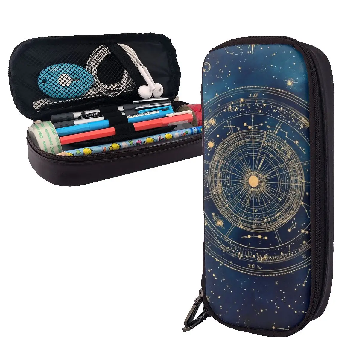 Starry Night Sky With Glowing Golden Star And Constellation Leather Pencil Case Pencil Pouch Large Capacity Pen Box Pencil Bag