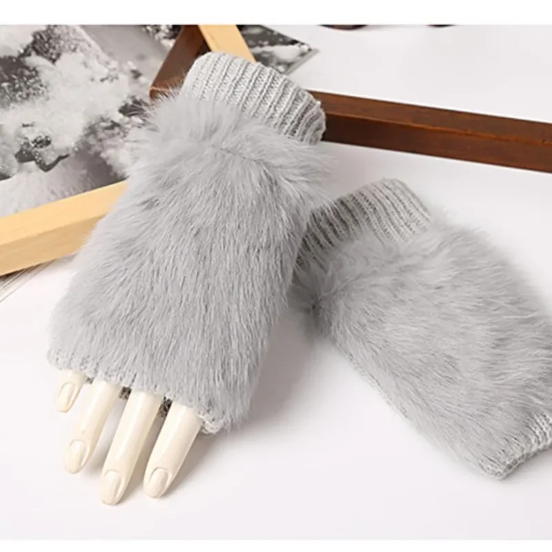 Female Fingerless Real Rabbit Fur Gloves Women Warm Knitted Half Finger Autumn Winter Knit Gloves Soft Plush Gloves Hand Mitten