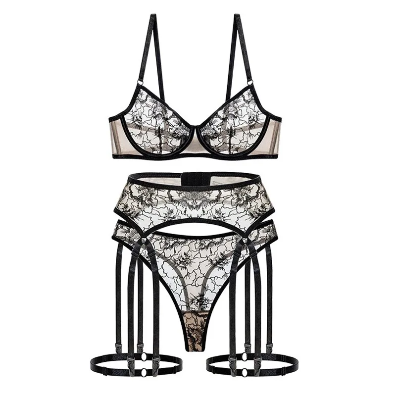 Toucheart 3 piezas de encaje bordado Floral Sexy bordado ropa interior Panty ajustado sin espalda Spaghetti Strap Sexy ahueca hacia fuera el conjunto de ropa interior