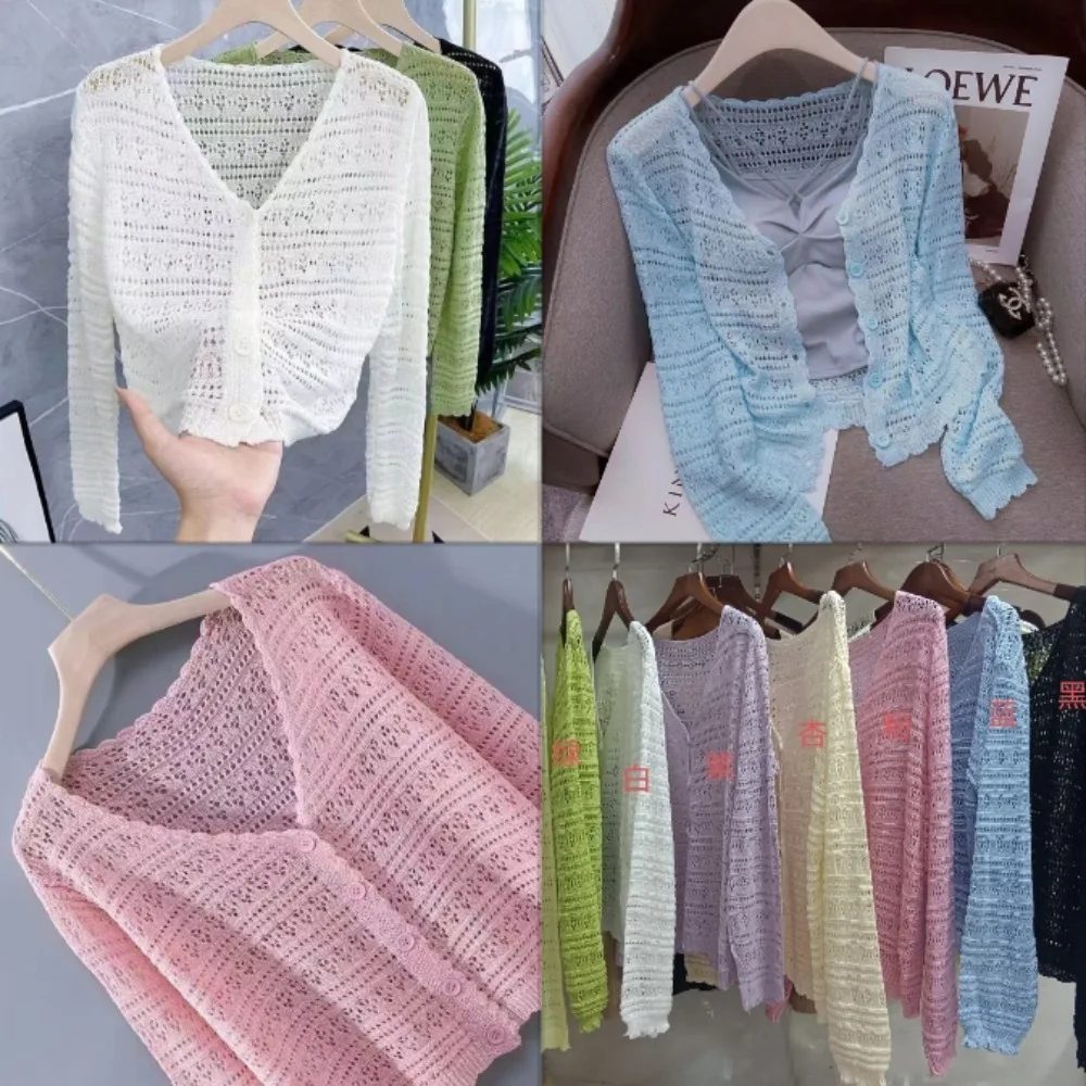 Cardigan tricoté ajouré pour femmes, Protection solaire fine, manches longues, Style court, petit haut de Protection solaire