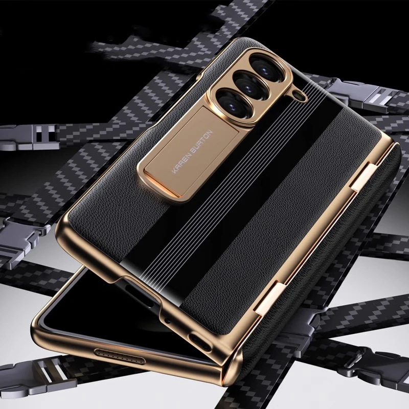 For Samsung Galaxy Z Fold 6 5 Case Hinge Magnetic Plating Genuine Leather Cases Fold 4 3 360 Full Protector Film Kickstand Cover