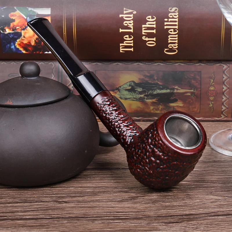 Classic Straight Handle Tobacco Pipe with Filters, Resin Wood, Dark Red, Smoke Tools, Smoking Pipes, Gift for Father