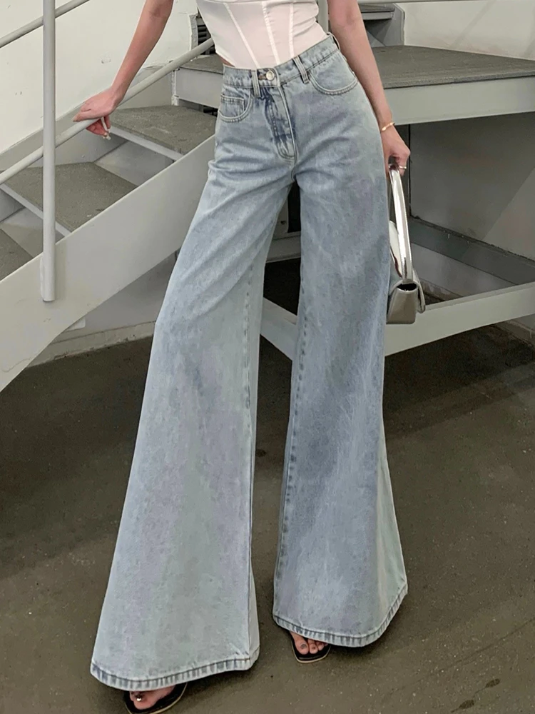 Jean Vintage Bleu Clair pour Femme, Pantalon à Jambes Larges, Taille Haute, Couleur Unie, Mode Streetwear, Basique