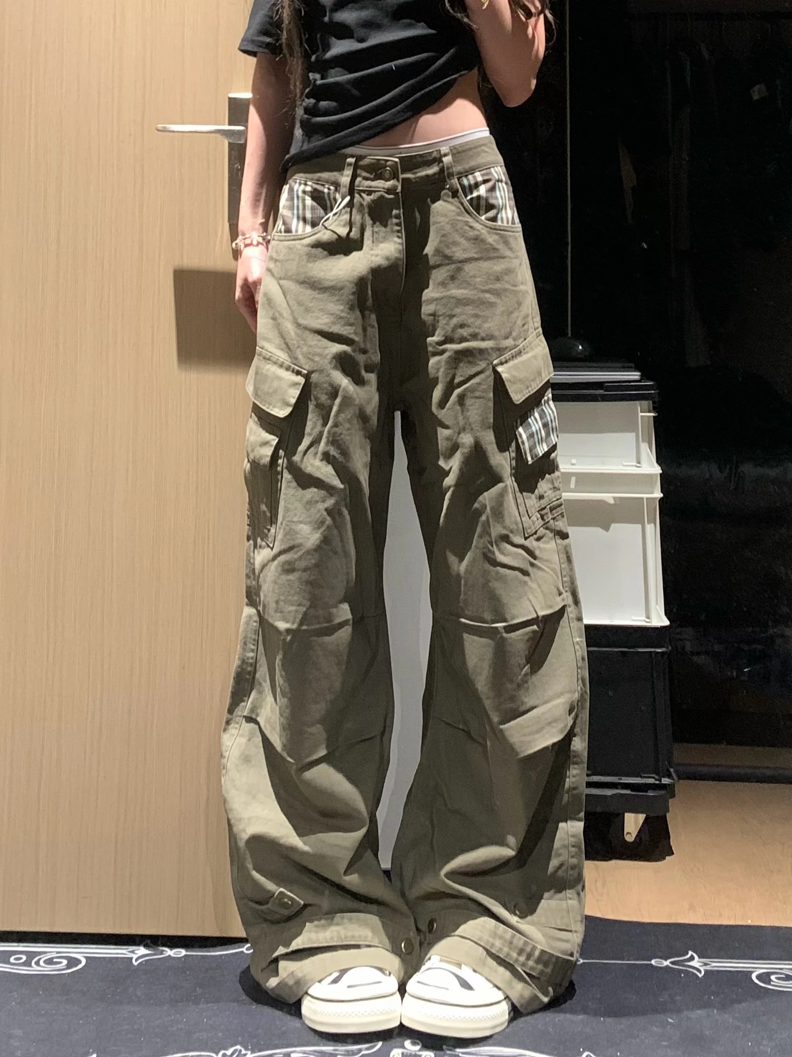 American High Street Retro Patchwork Plaid Multi Pocket Workwear Jeans Loose Straight Leg Wide Leg Casual Long Trousers