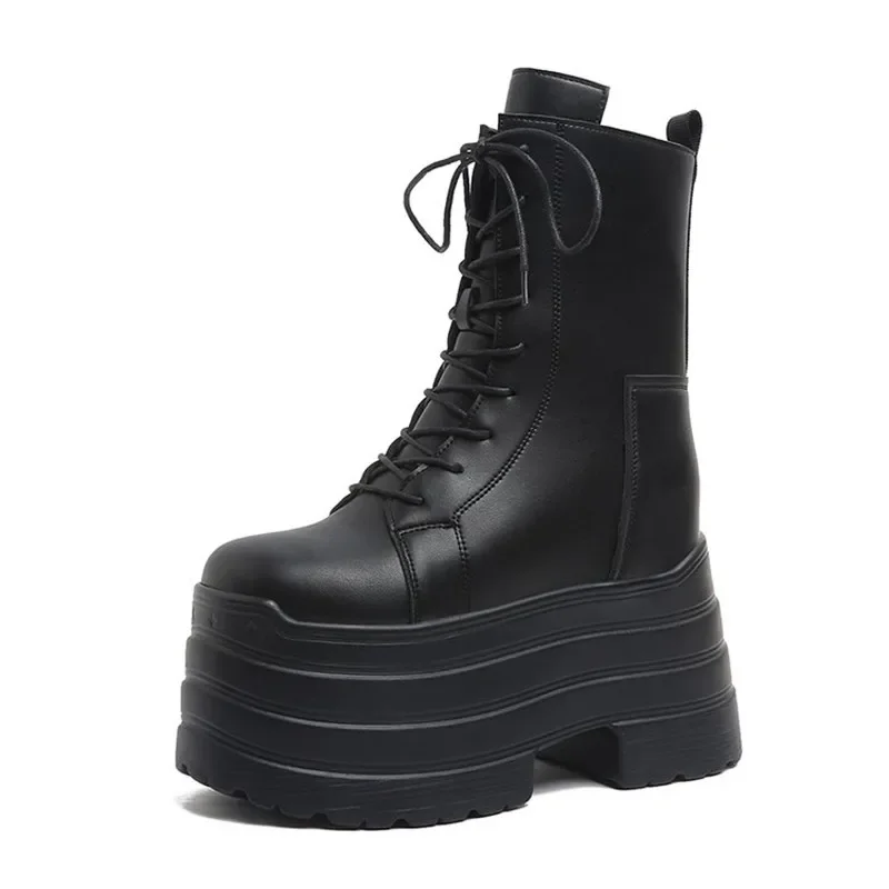 NEW 10cm High Platform Gothic Boots Buckle Autumn Winter Leather Shoes Punk Street Cosplay Mid-calf Boots Motorcycle Short Botas