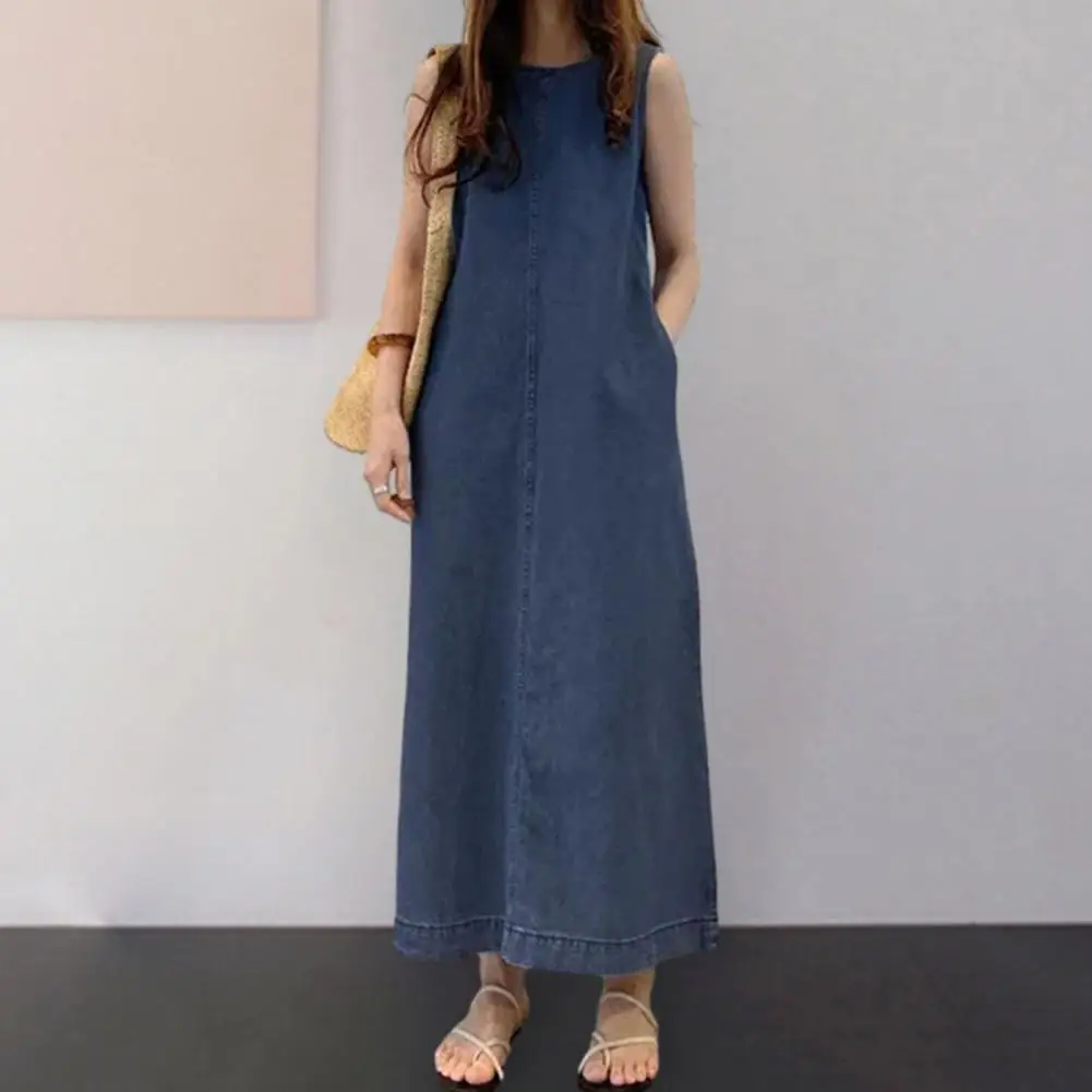 Women Summer Maxi Dress Sleeveless O Neck Loose Solid Color Vest Type Ankle Length Soft H-shaped Casual Women Dating Dress