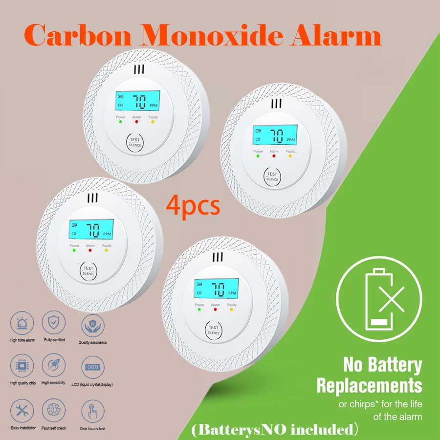 Paquete de 4 alarmas detectoras de monóxido de carbono, detector de CO con pantalla LCD digital, detectores de monóxido de carbono con batería reemplazable para H