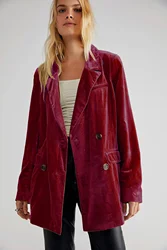 Casual Velvet Blazer Women Solid Long Sleeve Button Jackets Vintage Streetwear Sexy Coats Spring Autumn Outerwear