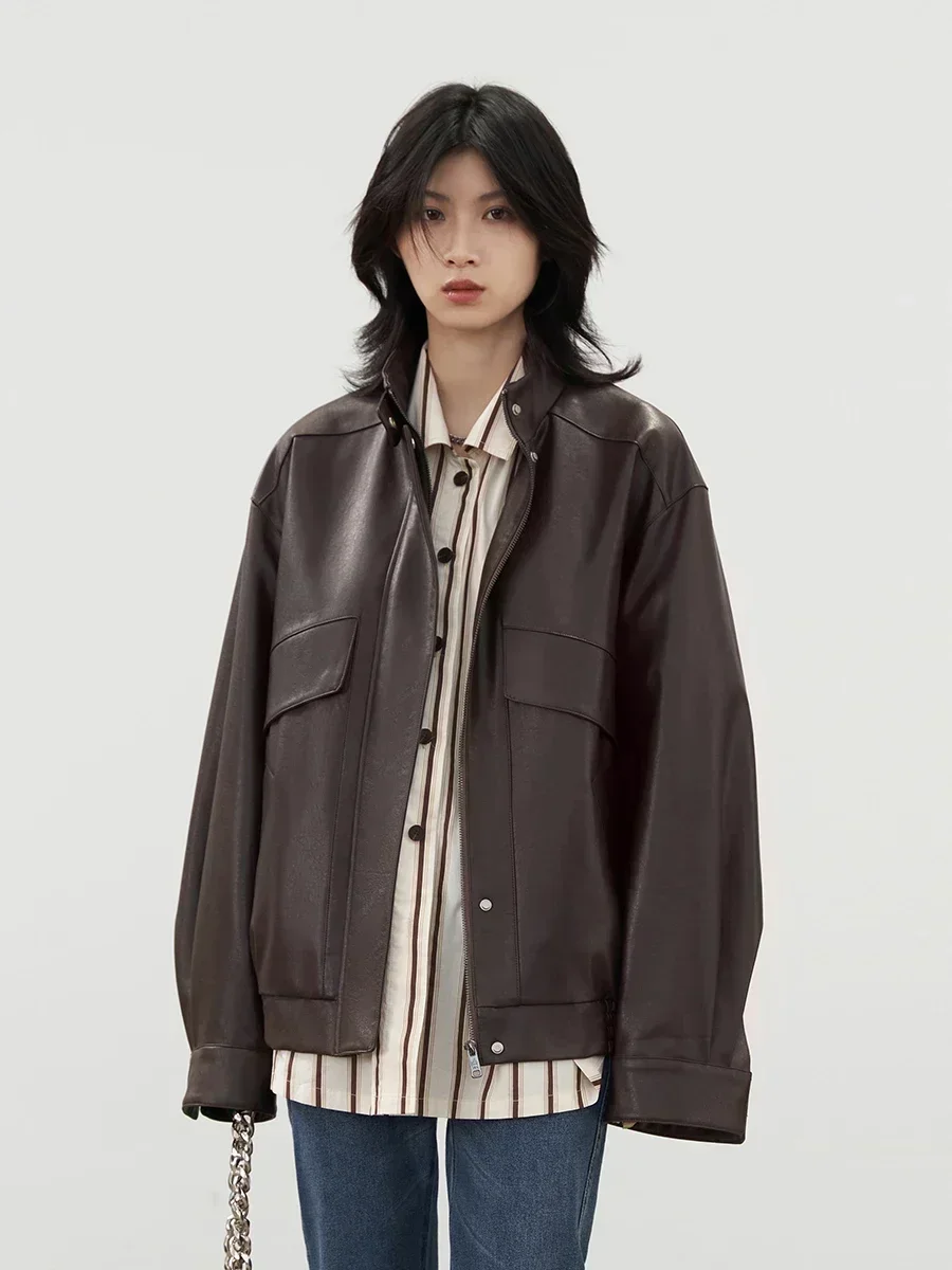 เสื้อแจ็คเก็ตแฟชั่นผู้หญิง CHIC VEN ผ้าหนา อุ่น คอตั้ง หนัง PU เทียม  เสื้อโค้ทผู้หญิง  แบบเย็บติดกัน  สำหรับฤดูใบไม้ร่วงและฤดูหนาว ปี 2025