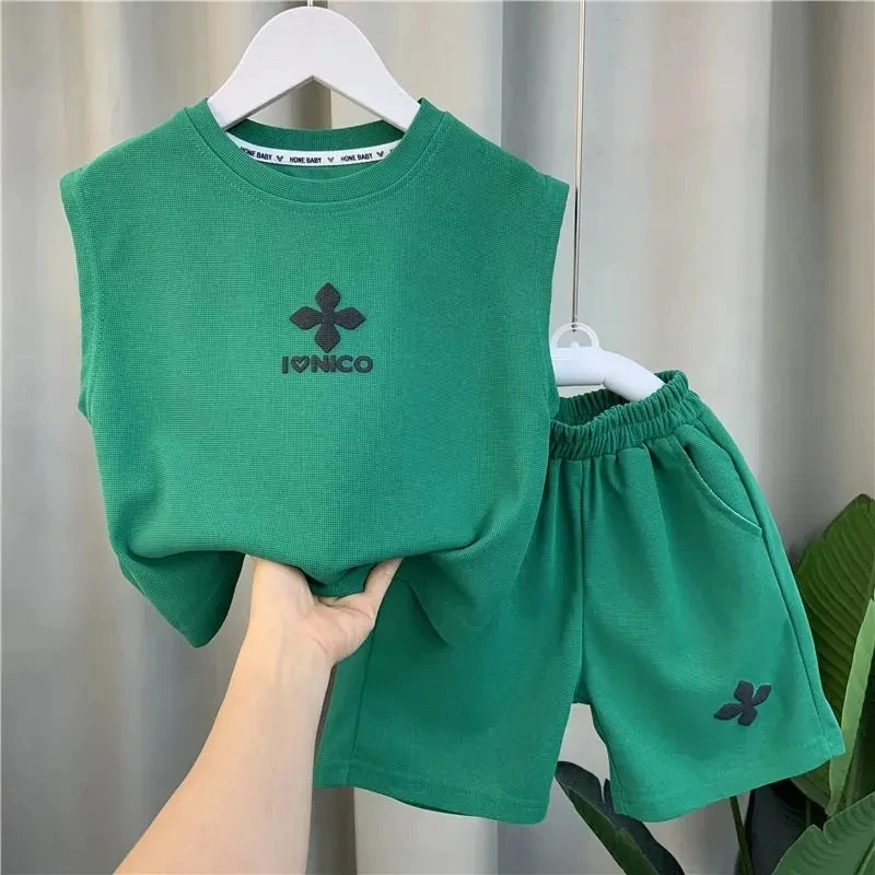 

3-12Y Children's Clothing Set Summer New Kids Boys Vest Shorts 2-piece Solid Teenage Boys' Casual Sports Set