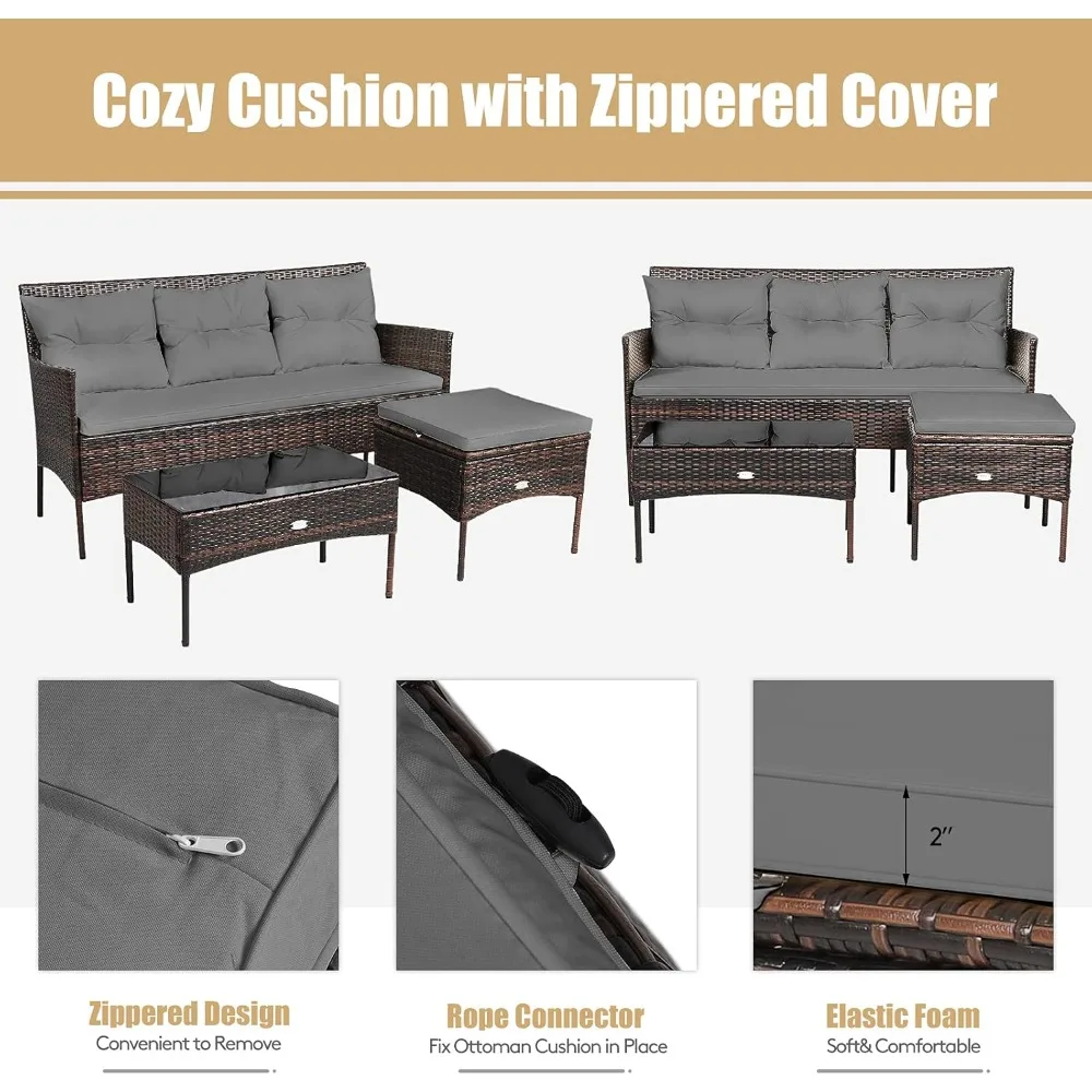 Outdoor Rattan Patio Conversation Set with Tempered Glass Top Table and 5 Cushioned Seats