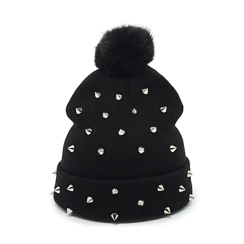 

Women's fur ball hat punk style, winter knitted nail cap, warm loose ribbed hat, Gothic rock Gothic streetwear 2026