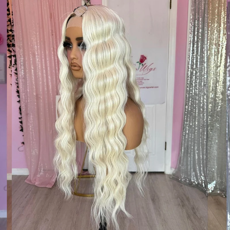 Top quality #60 Platinum Blonde u part Wigs for Women Long deep loose curly Wave 100% human Hair open no lace middle v part WIG