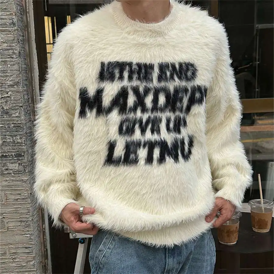 

Мягкий уютный американский брендовый вязаный свитер с буквенным узором, мужской осенне-зимний свитер из искусственного меха Long Sve Crew...