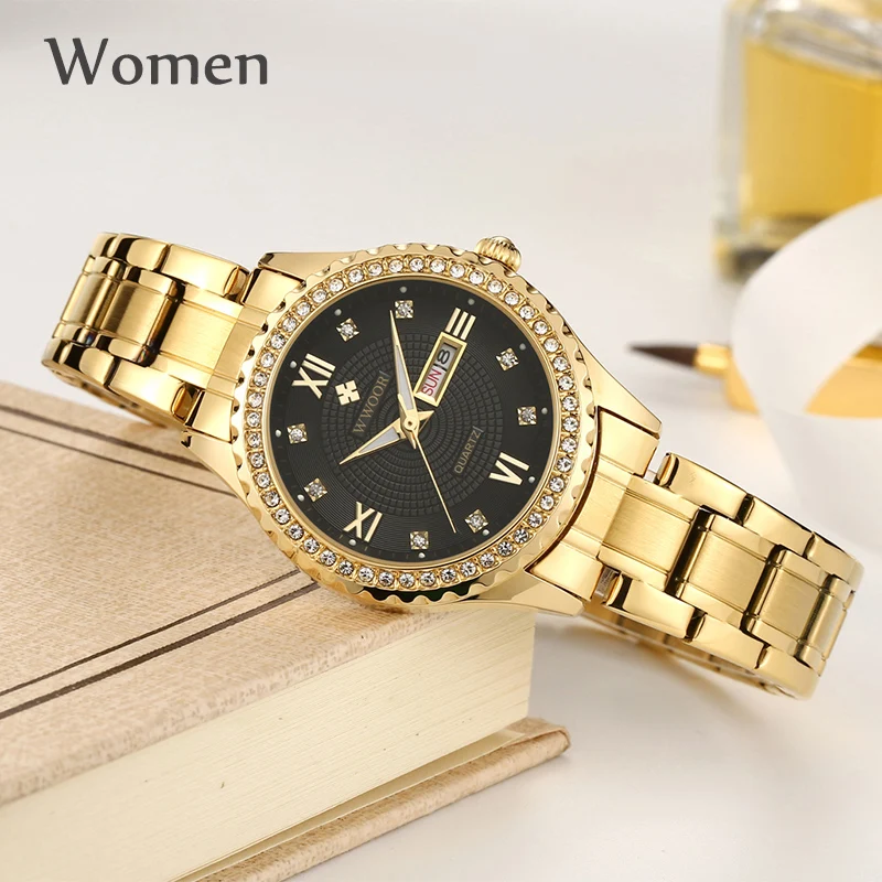 Fashion Wwoor Top Brand Luxury Diamond Gold Full Stainless Steel Quartz Lover Gifts For Men And Women Couple Pair Watch