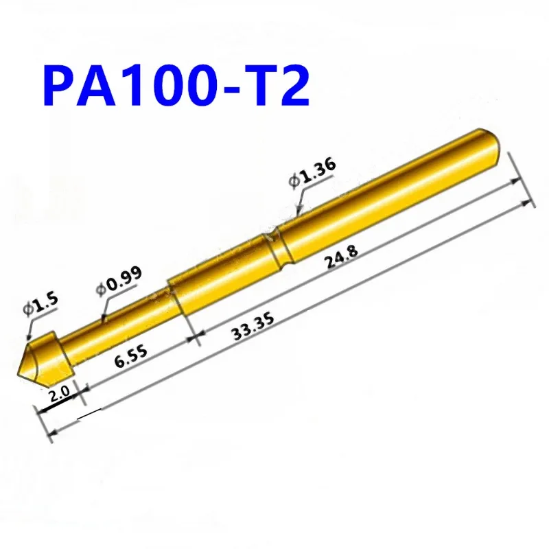 100PCS Gold-plated PA100-T2 Spring Test Probe with Outer Diameter of 1.36mm and Total Length of 33.35mm for Testing