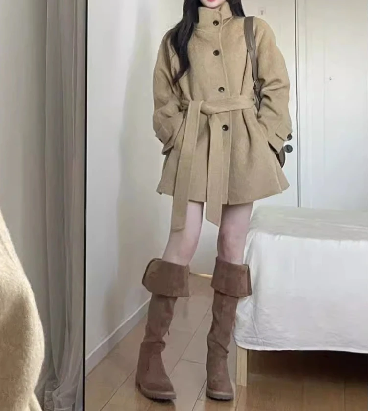 Woolen Coat Women's 2026 Autumn and Winter Clothing New Lace-up Medium and Long Woolen Coat