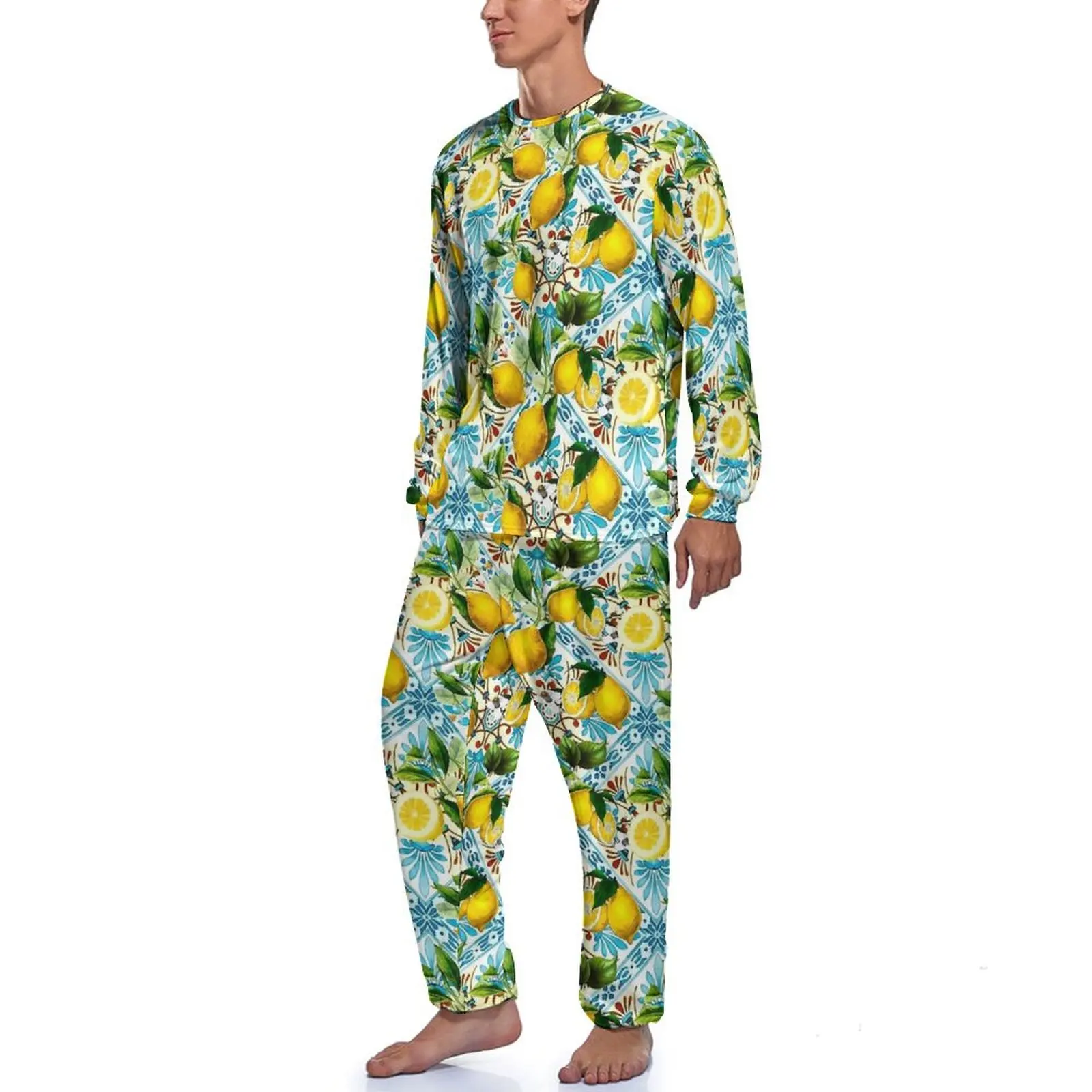 Retro Mosaic Lemon Pajamas Autumn 2 Piece Sicilian Tiles Trendy Pajama Sets Men Long Sleeve Leisure Graphic Nightwear