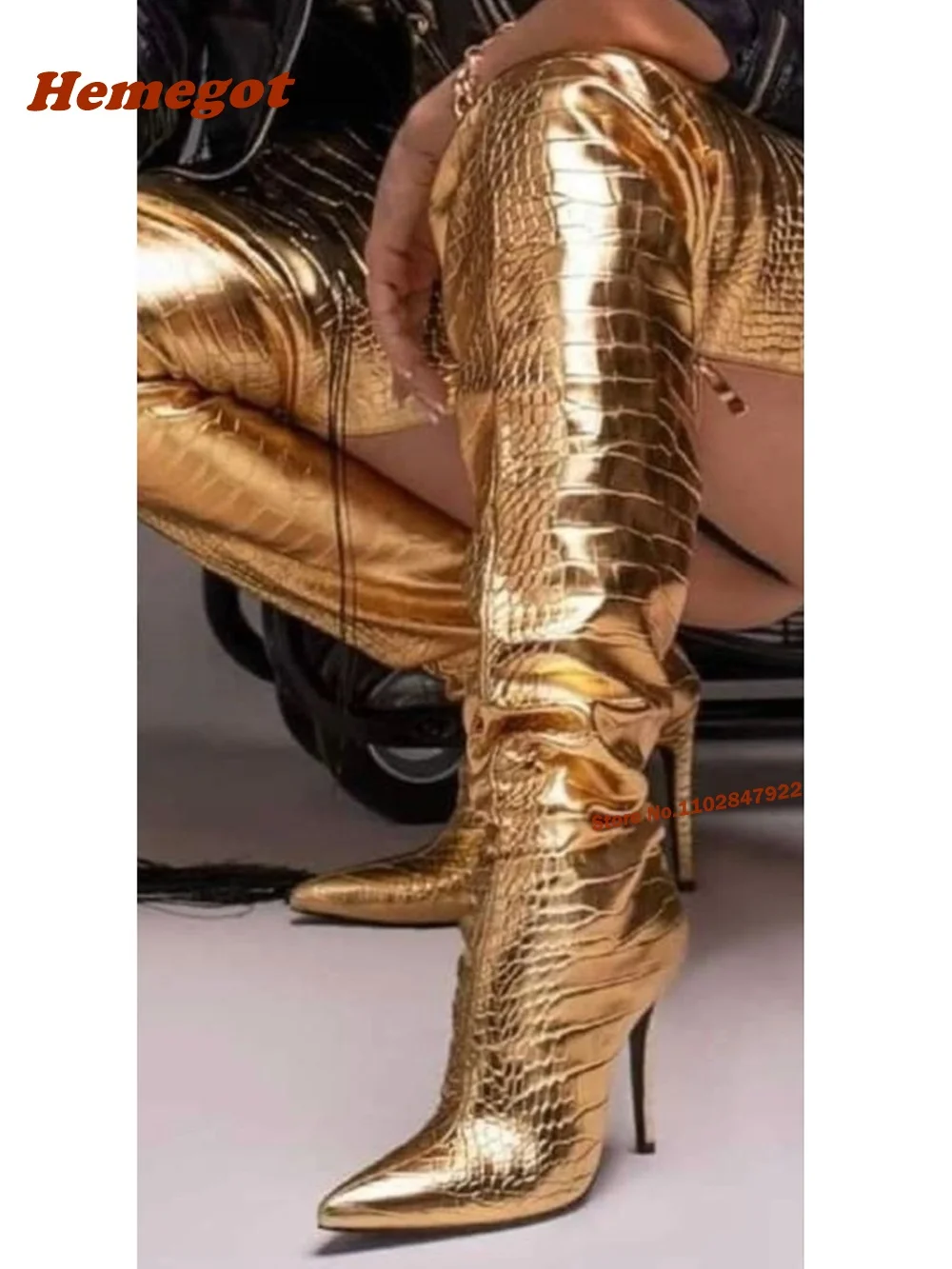 Metallic Stiletto Golden Boots Pointy Toe Over The Knee Boots Thin High Heels Casual Female Stone-Pattern Glossy Plus Size