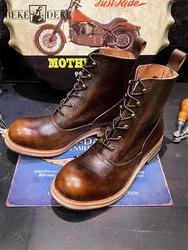 Genuine Leather Handmade Motorcycle Short Boots Mens Red Wine Lace Up Round Toe Vintage High Top Shoes Autumn Equestrian Boots