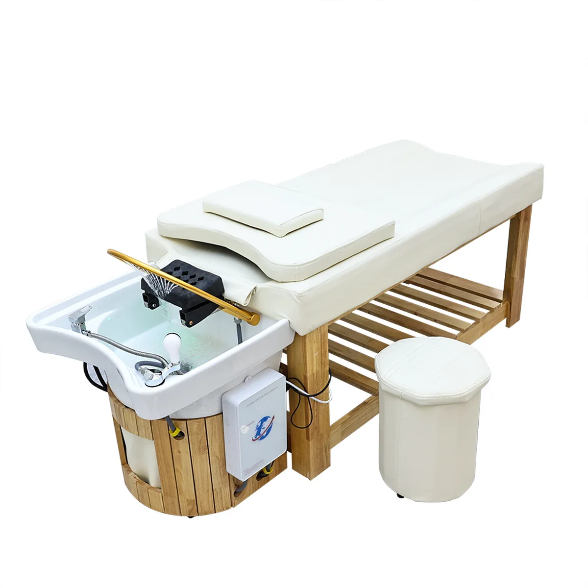 

Кровать для шампуня из цельного дерева. Интегрированная косметическая кровать. Кровать для обработки головы с керамическим умыванием. Фумигация, циркуляция воды.