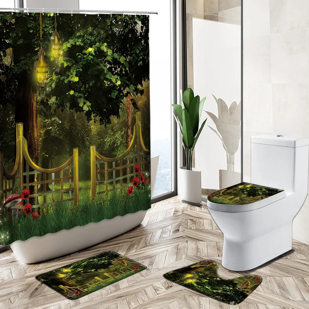 Fantasy Forest Scenery Shower Curtain Child Bathroom Set Plants Flowers Mushroom Stone House Design Carpet Toilet Cover Foot Mat