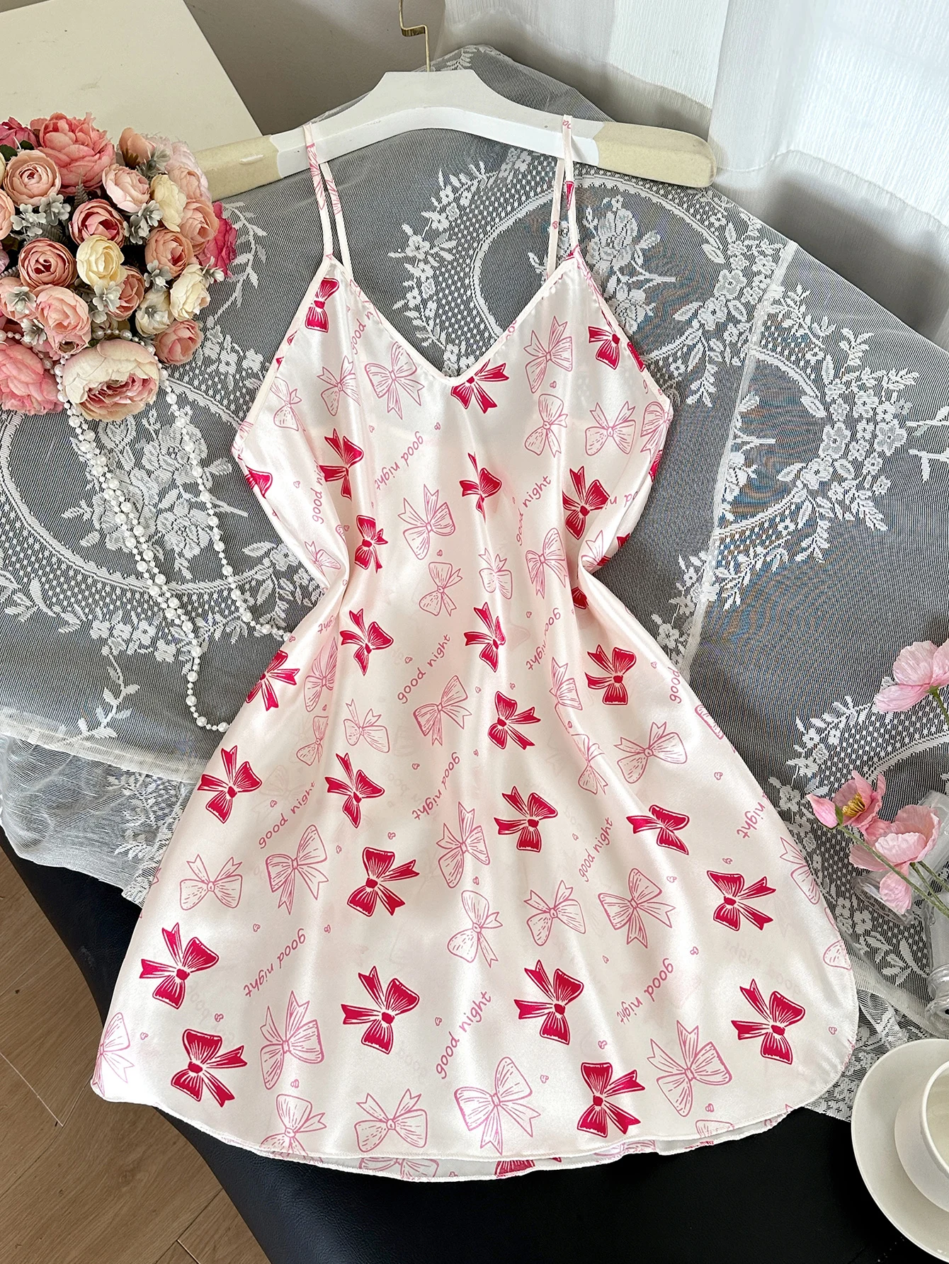 Women Satin Slip Nightgown Pink Bow Print V Neck Spaghetti Strap Sleep Dress Cute Pajamas Ladies for Home or Romantic Date