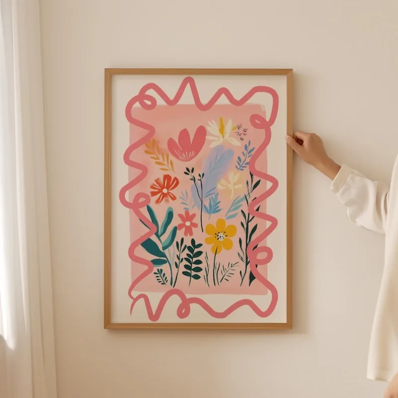 Colorful Wildflower Bouquets and Printed Plant Wall Decorations Create A Beautiful Room and Add A Dopamine-inducing Atmosphere