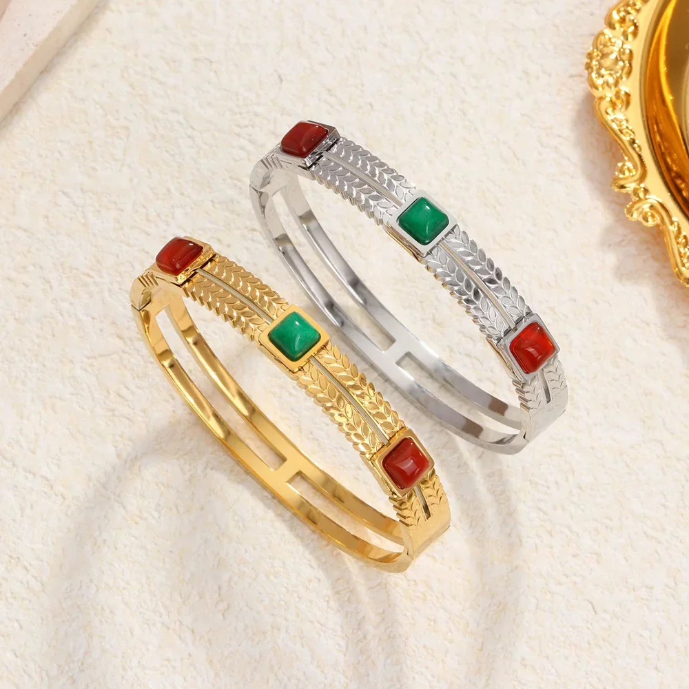 

Retro Square Inlaid Gems Bangles Gold Silver Color Stainless Steel Wheat Ear Pattern Bracelet Accessories Neutral Jewelry Gifts