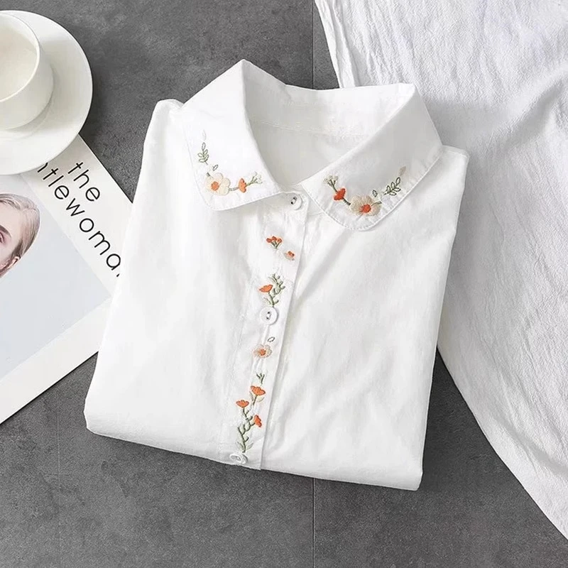 New Pure Cotton White Shirts Women Turn Down Collar Embroidered Long Sleeve Button Casual Tops Girl's Blouse Spring and autumn
