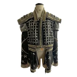 New Performance Costume Nightclub Bar Male Singer Michael Jackson Full Diamond Leather Coat