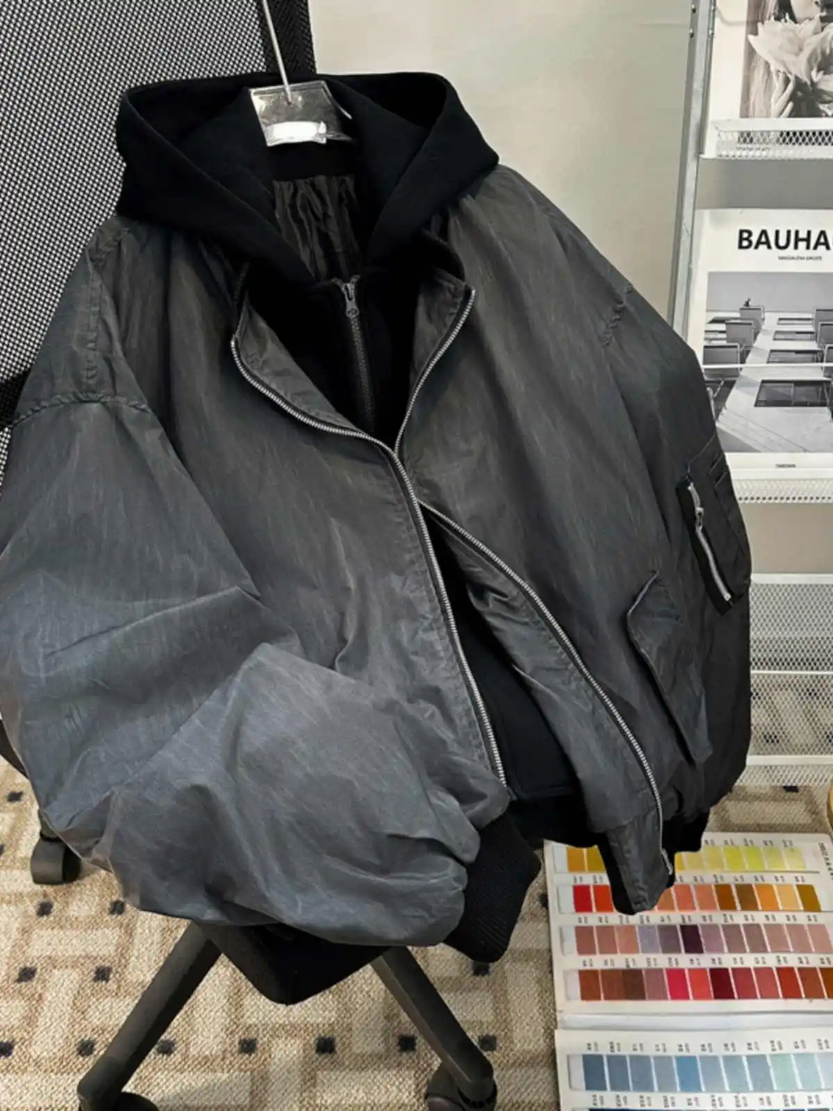 

Women's Dark Grey Patchwork Hoodie Bomber Jacket Coat Vintage Harajuku 2000s Long Sleeve Coats Fashion Outerwear Top Autumn 2025