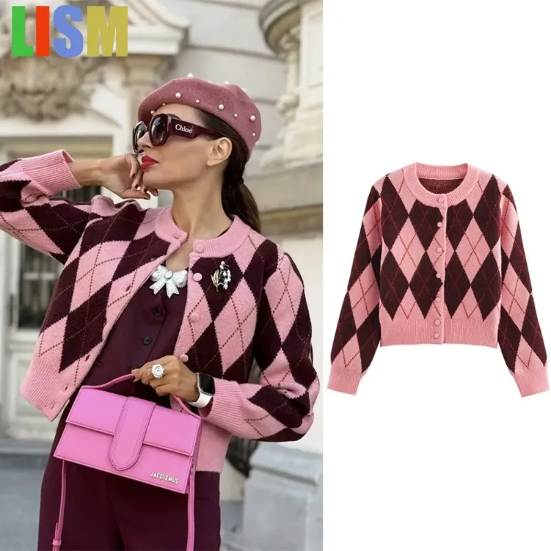 

LISM Women's sweatshirt Cardigan 2025 FallWinter Crew Neck Diamond Knit Cozy Campus Chic Casual Academic Essentials y2k hoodies