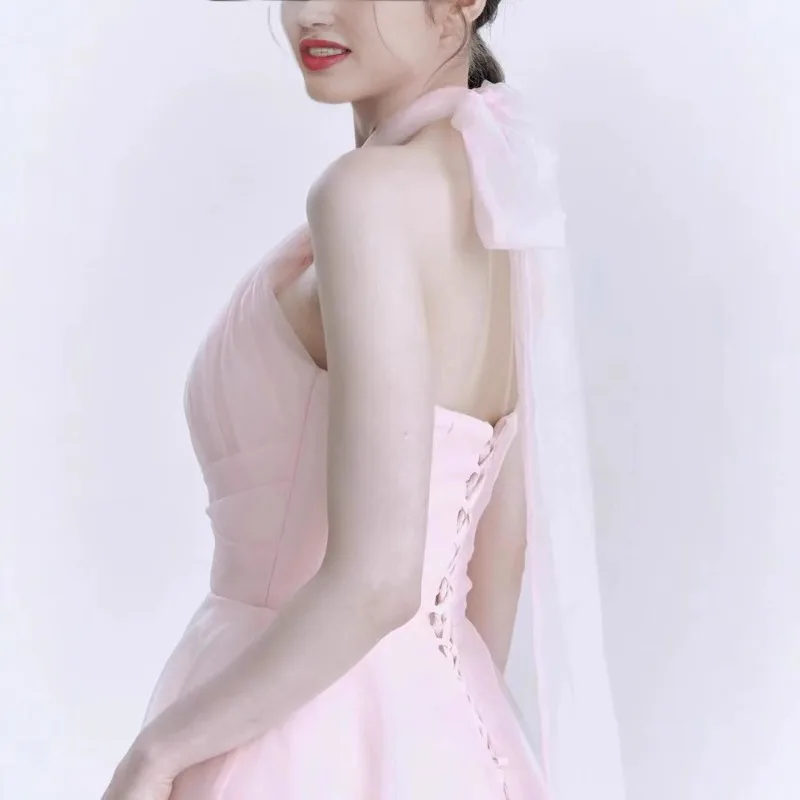 Elegante festa vestidos de noite rosa preto a linha tule halter vestido de baile sem mangas rendas até vestidos de ocasião formal personalizados