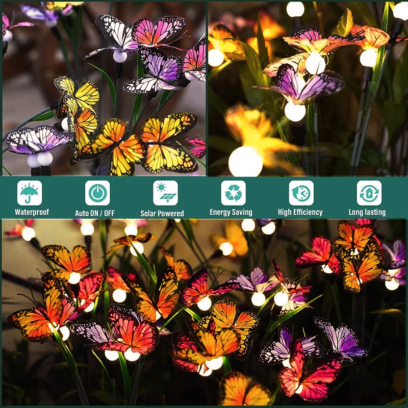 Impermeável LED Solar Power Lights, Borboleta Luzes de Gramado, Paisagem ao ar livre, Jardim Decor Lamp, 6-10