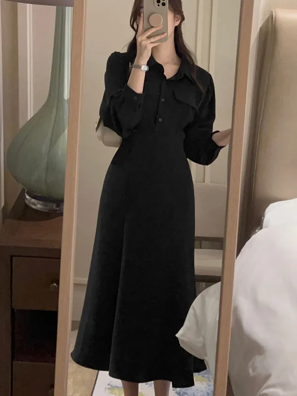 

Ele Casual Long Sve Dr Women's Spring Autumn Waist Cinching Slimming Long Skirt Hepburn Sle Lantern Sve Dr