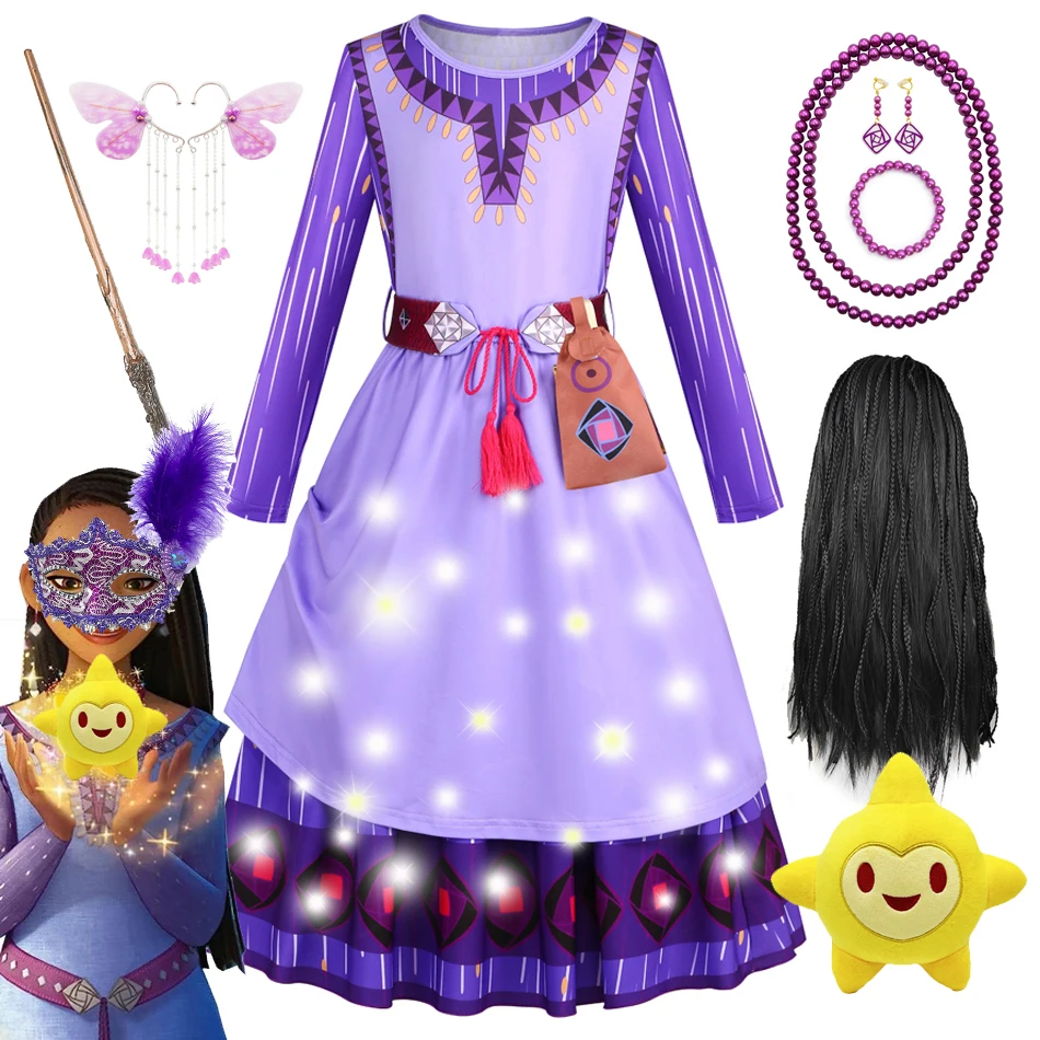 Movie Wish Princess Costume Kids Asha Dress Girls Cosplay Children Carnival Birthday Party Clothes Purple Kid Long Clothing Belt