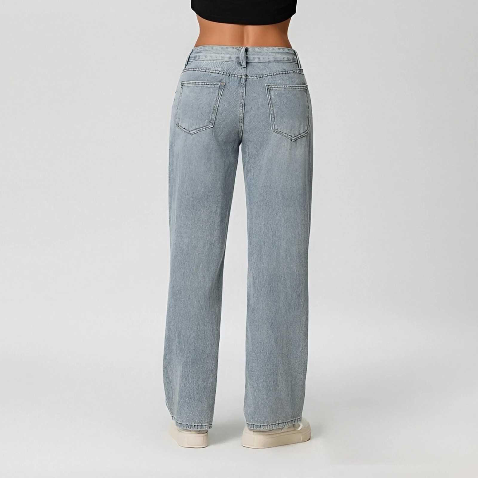 بنطلون جينز ممزق مجوف للنساء، بنطال جينز فضفاض سادة للإغلاق بسحاب للاستخدام اليومي الكاجوال