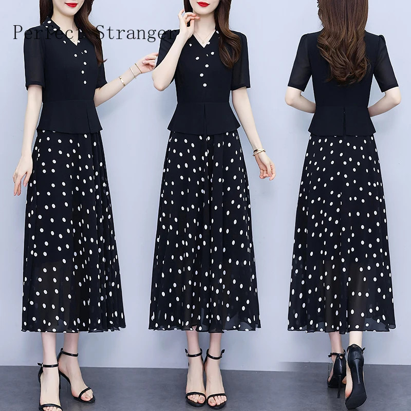 2024 Vintage Black Fake Two Pieces Dots Casual Chiffon Maxi Robe Summer Party Dress Women Elegant Bodycon Night Long Vestidos