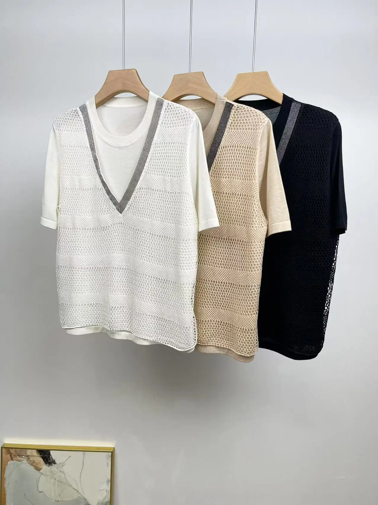 Silk Wool Knitted Tops For Women, Beaded Hollow Two-Piece, Temperament Loose Short Sleeves 2025