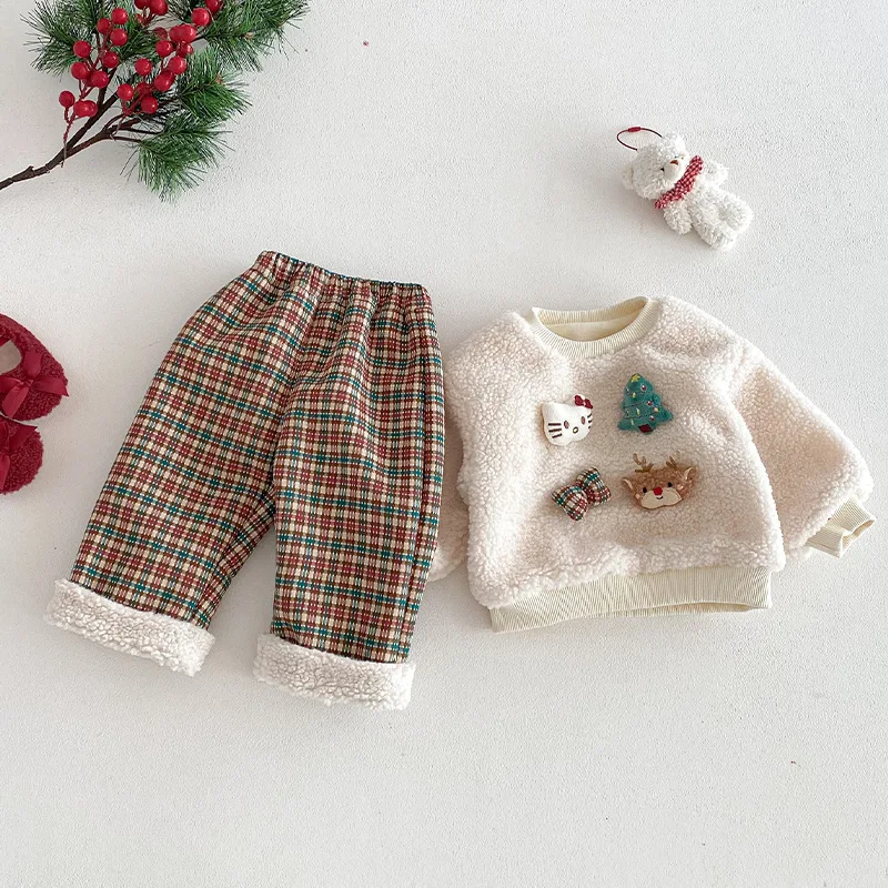 어린이용 플러시 캐주얼 바지 2025년 신상 겨울 여아용 한국판 체크무늬 바지 아기 패션 레그 플립업