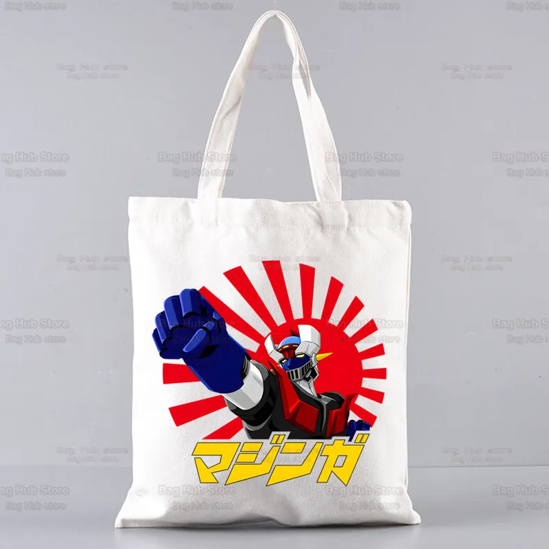 Mazinger Z Anime Robô Harajuku Sacola de compras para mulheres, grande sacola de lona reutilizável, bolsa de ombro casual, sacos de compras