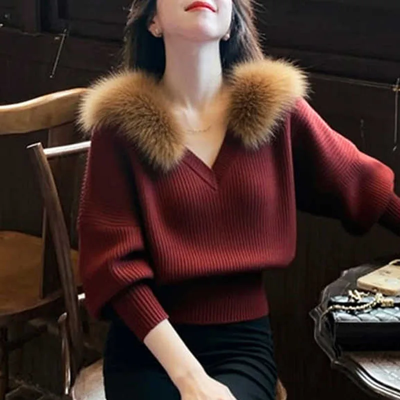 

Sueter Feminino Knitted Sweater Women Pullovers New Long Sleeve Fur Collar White Knit Sweater Pullover Women Tops Sweaters Q2067