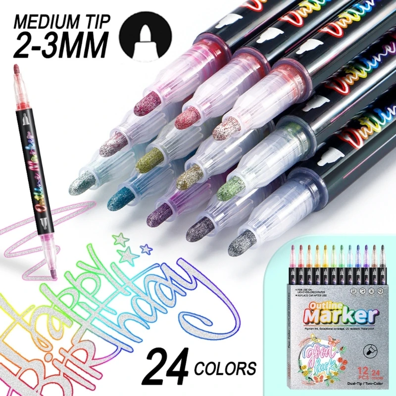  Pack of 12Pcs Assorted Colors Colorful Outline Pens Glitter Pens Set Kids Double Line Outline Pens for Arts and Crafts